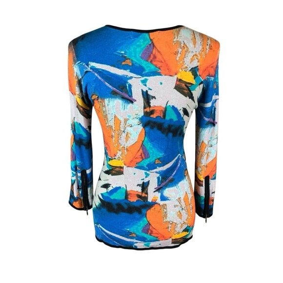 Linea Blu Abstract Zip Cardigan XS Vibrant Bold Print Lightweight Statement - Picture 2 of 4